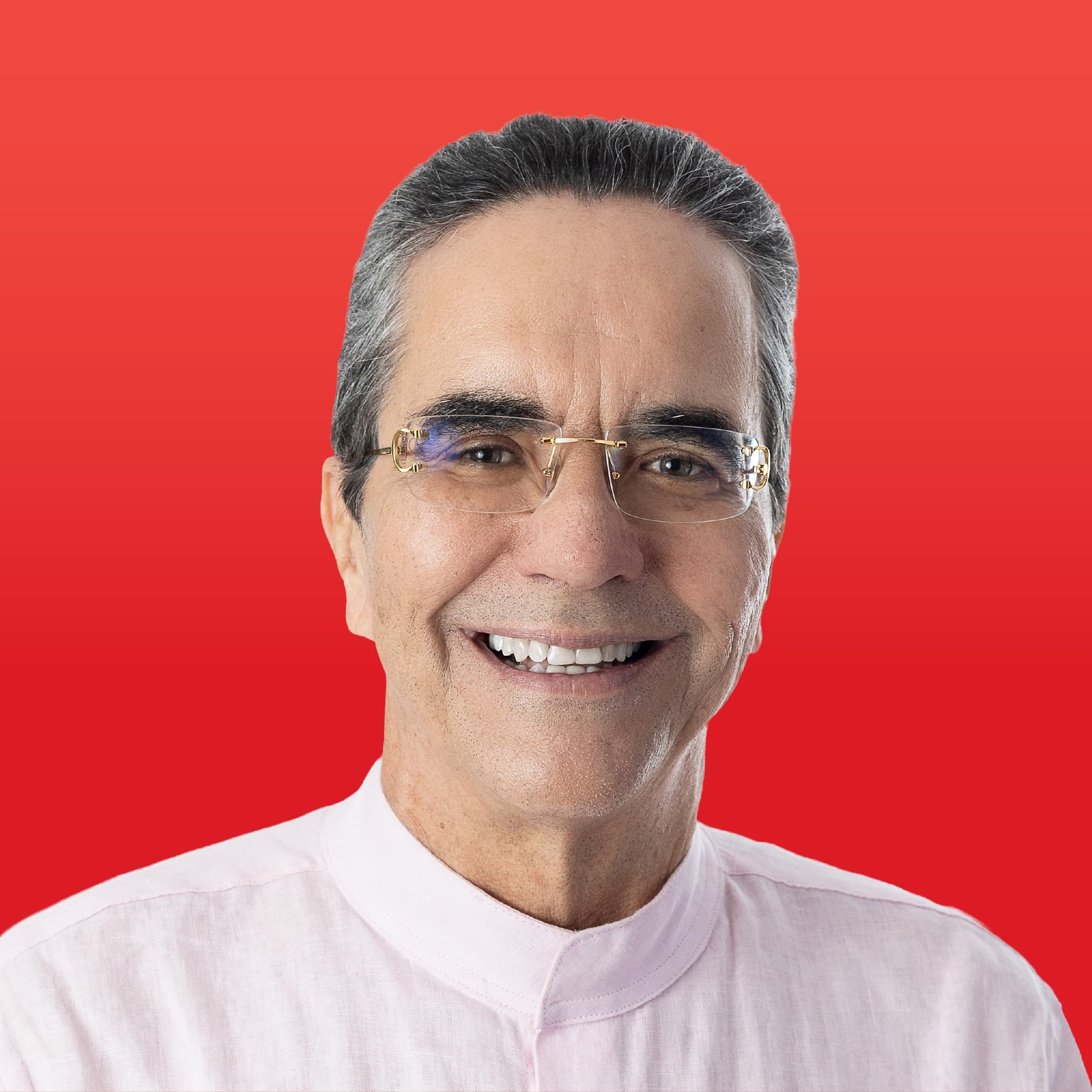 Retrato de Maurício Rands em fundo vermelho da campanha