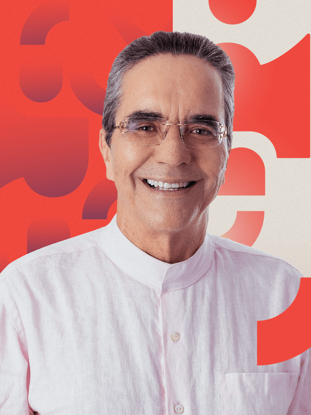 Maurício Rands em composição visual da campanha, com fundo vermelho e off-white